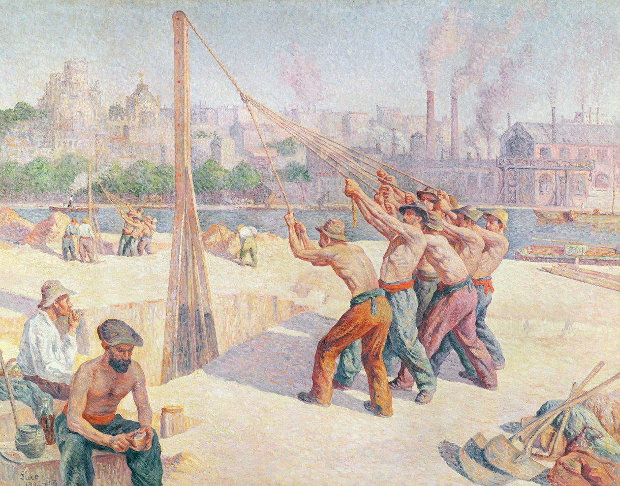 Trabalhadores no cais do Sena em Billancourt, 1902-3 de Maximilien Luce