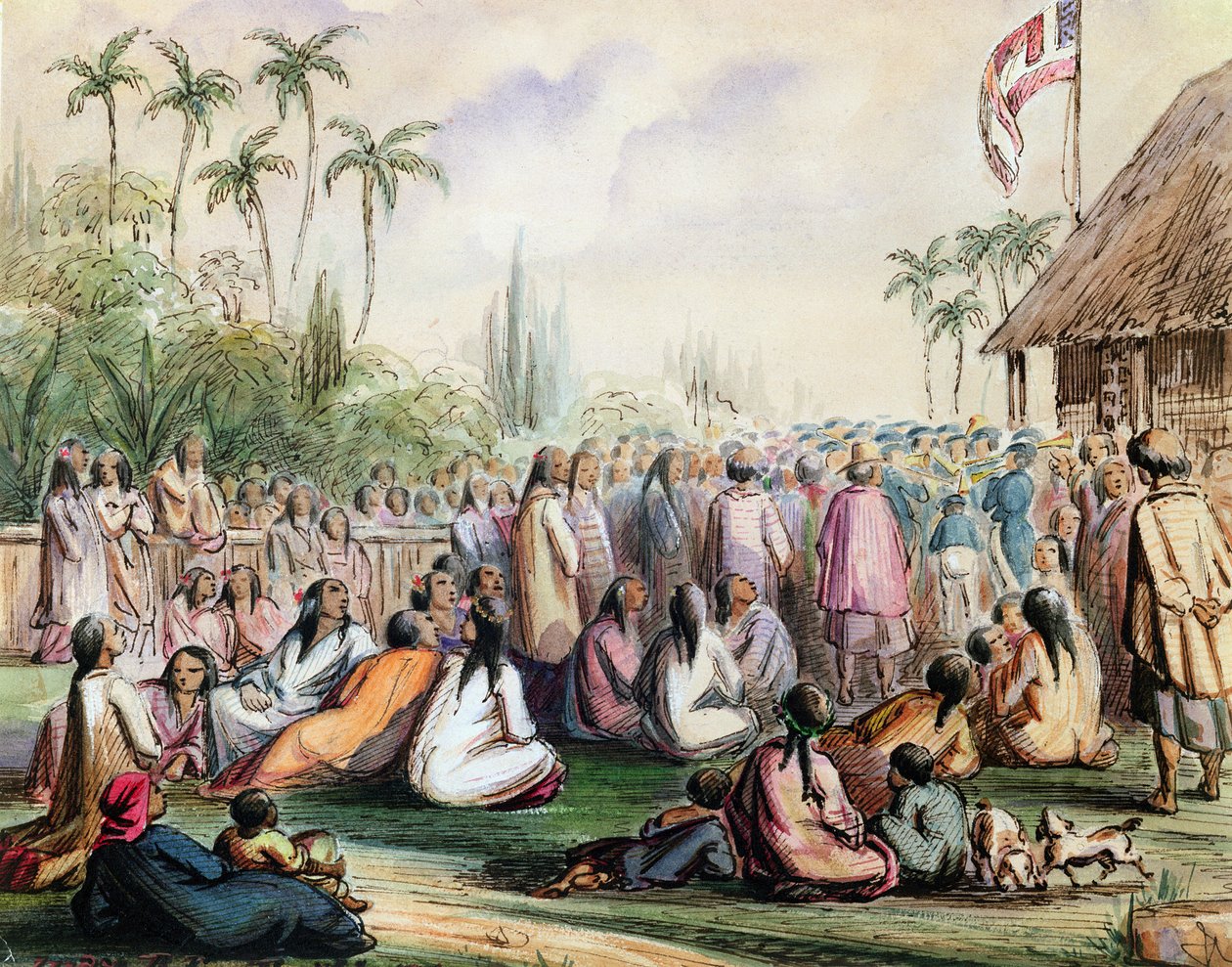 Pavilhão do Protetorado Francês no Taiti em 1842, c.1842-48 (wc e tinta no papel) de Maximilien Radiguet