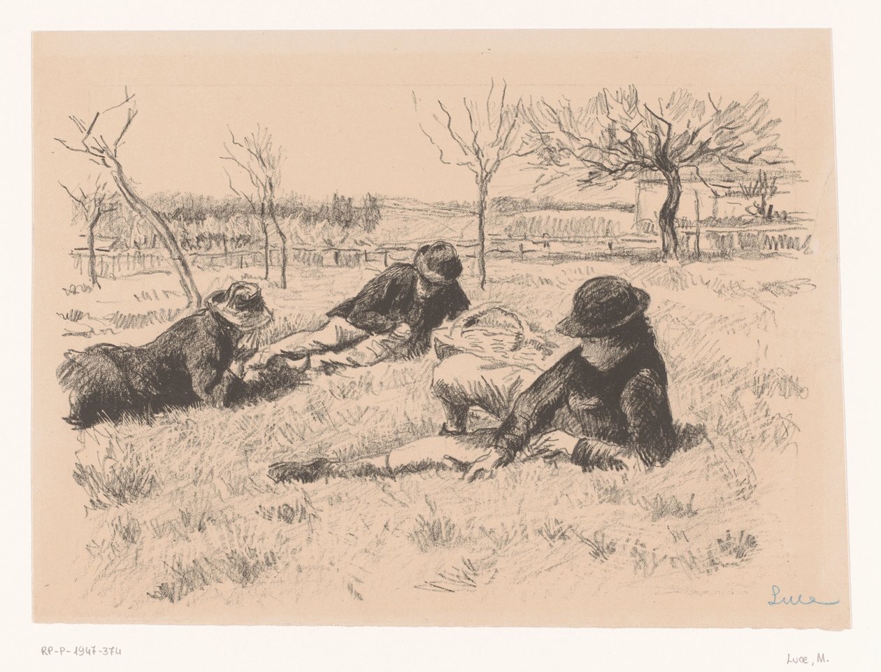 Três homens descansam em um prado de Maximilien Luce (signed by artist)