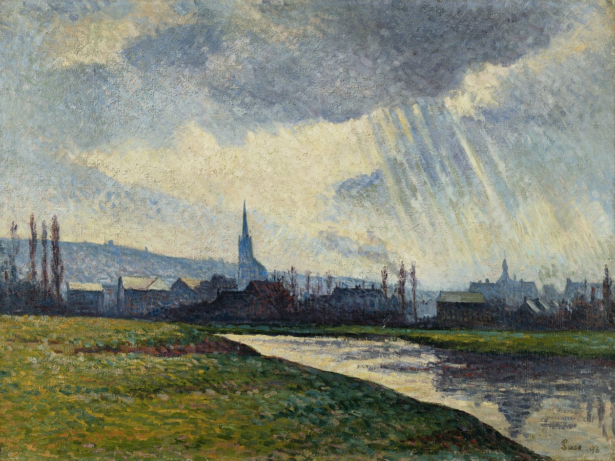 Couillet, Charleroi, paisagem ao longo do rio; Couillet, Charleroi, paisagem junto ao rio, 1896 de Maximilien Luce