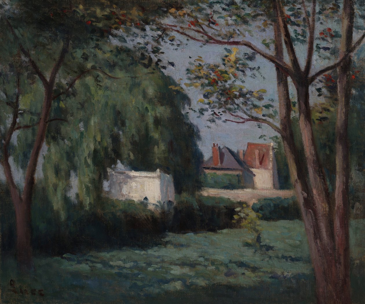 Cena do País com Três Casas e Árvores de Maximilien Luce