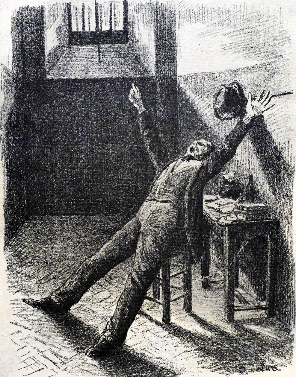 Felix Feneon (1861-1944), crítico de arte e colecionador, na prisão (na cela) - litografia (1894) de Maximilien Luce (1858-1941) do livro de Julles Valles Mazas de Maximilien Luce