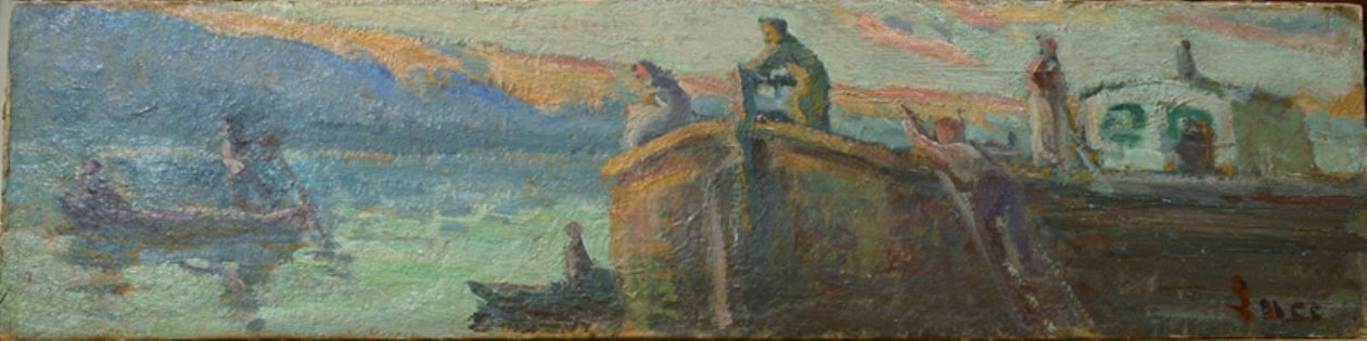 Paisagem do rio com barcaça e barcos de Maximilien Luce
