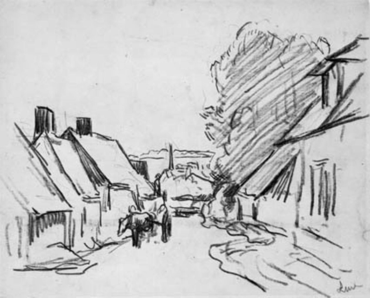 Rua da vila com carruagem puxada por cavalos. Éragny-sur-Epte (?) de Maximilien Luce