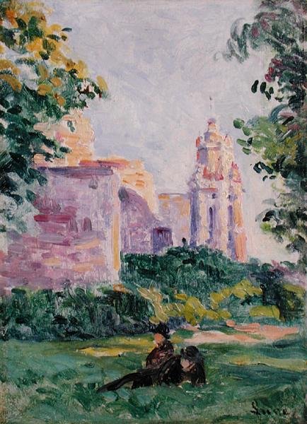 Descanso na relva, c.1897 (óleo a bordo) de Maximilien Luce
