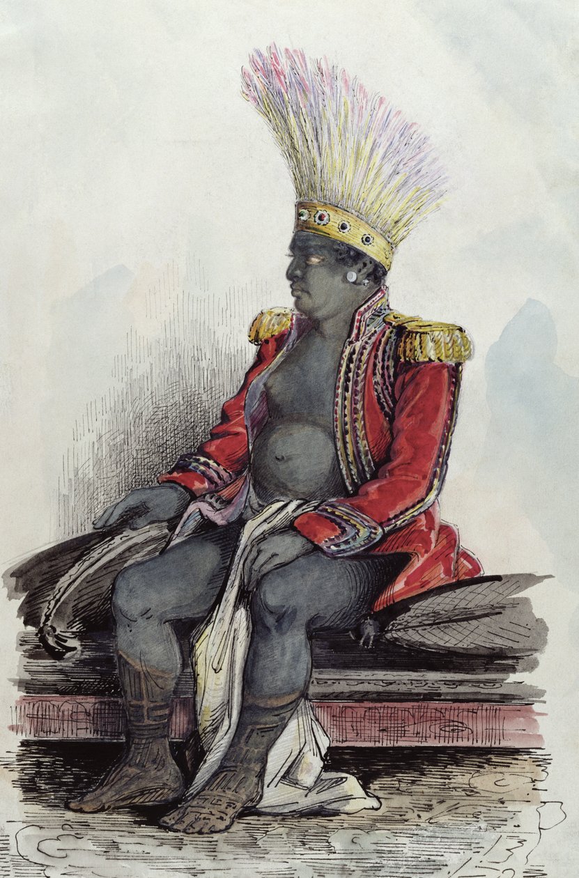 Rei Temoana na ilha de Nuka-Hiva vestido com o uniforme de um coronel francês, c.1841-48 (caneta, tinta e wc no papel) de Maximilien Radiguet