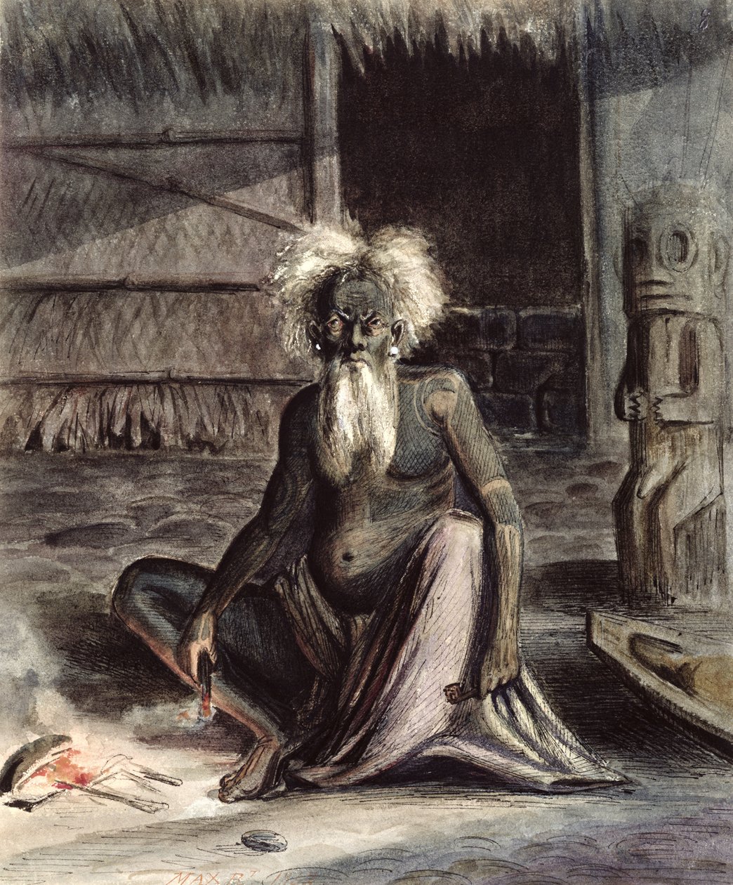 Velho do Taiti sentado perto de um Tiki, c.1841-48 (caneta e tinta e papel no papel) de Maximilien Radiguet