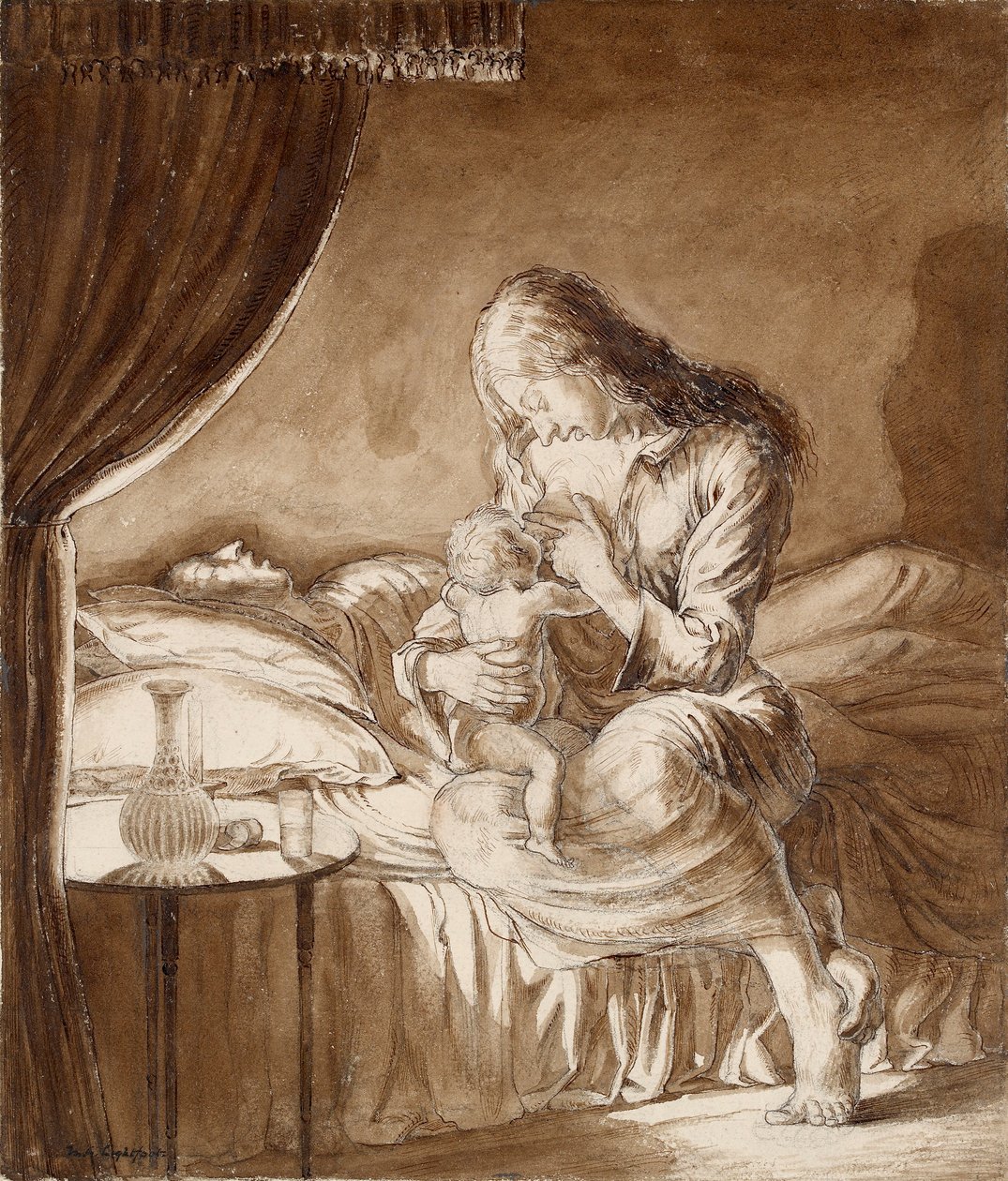 Cenário Noturno - Mulher alimentando seu filho, c1900s de Maxwell Gordon Lightfoot