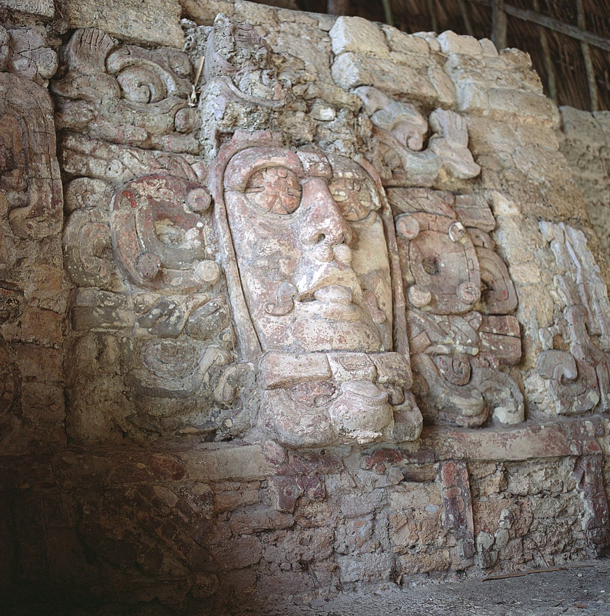 Arquitetura, máscara, templo, de, a, Mascarones, Kohunlich, península yucatan, méxico cedo, clássicas, período, (300-600, dc), (stone, e, stucco) de Mayan