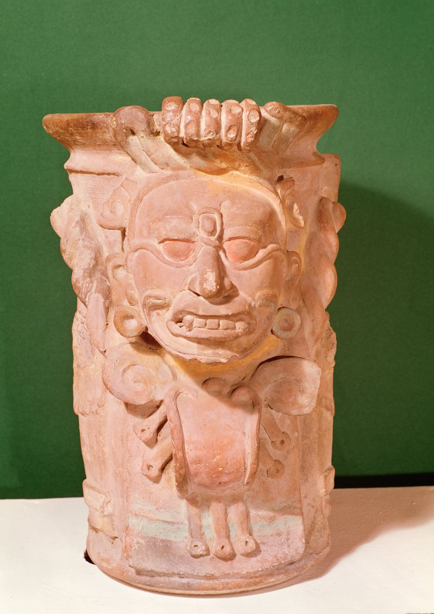 Vaso cilíndrico com a cabeça de um deus sol, Período Clássico, século VII-X (terracota) de Mayan
