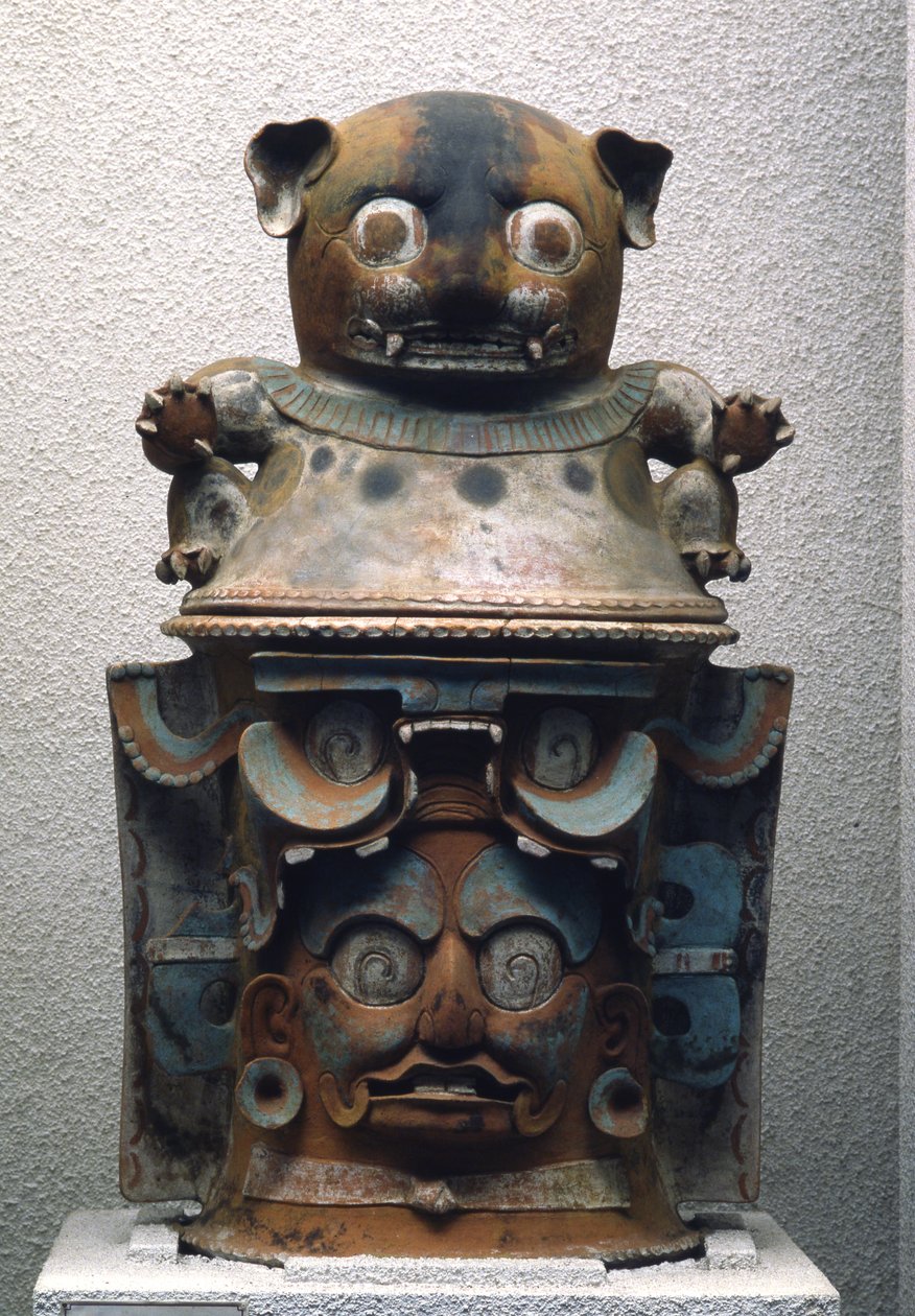 Urna Funerária Ixil com tampa felina, Nebaj, Guatemala, Período Clássico Superior (900-1200) (cerâmica policromada) (ver também 238288) de Mayan