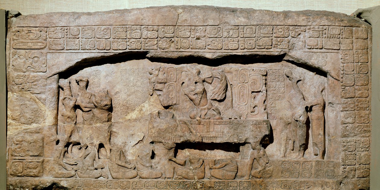 Lintel 3 de Piedras Negras, Petén, Guatemala, final do período clássico (600-900 dC) de Mayan