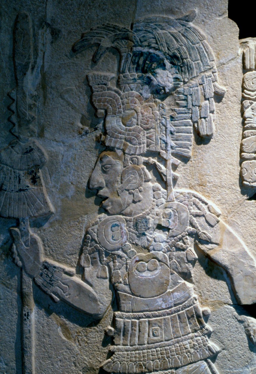 Baixo relevo mostrando a captura de Bolon Yoop por Kan Bahlam II, do Templo XVII, Palenque, 695 dC de Mayan