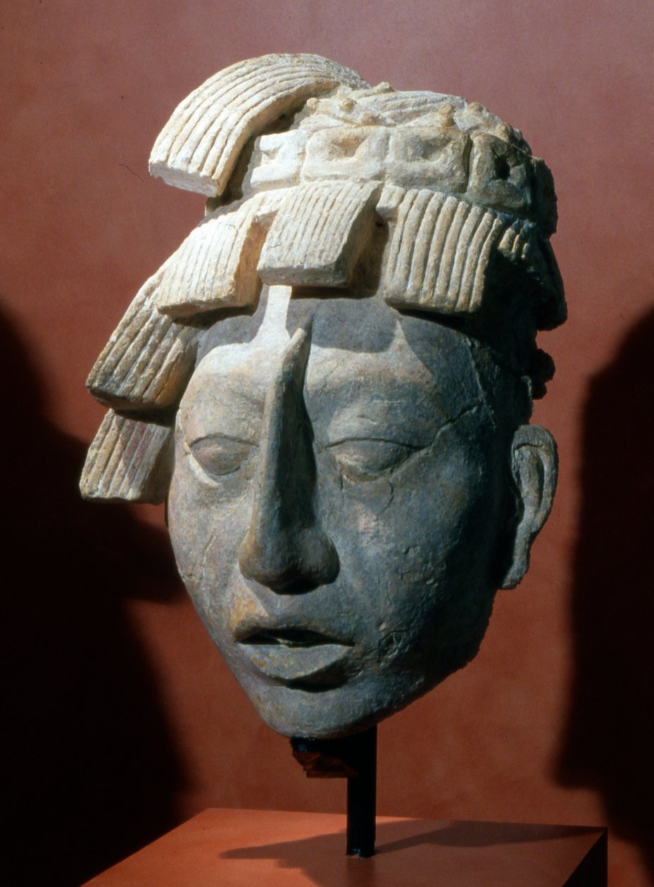 Cabeça de retrato de Pacal, rei de Palenque do templo das inscrições (estuque) de Mayan