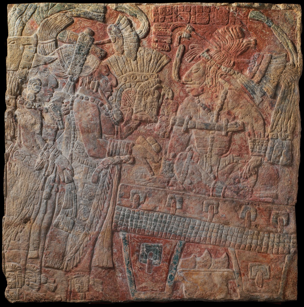 Alívio com Régua Enthroned, c.770 AD (calcário pintado) de Mayan
