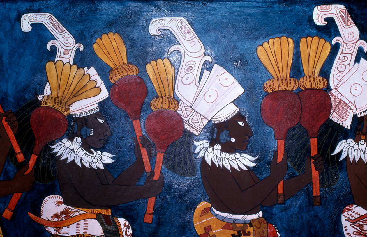Reprodução de um mural mostrando músicos com chocalhos durante uma cerimônia, do Templo dos Murais, Bonampak (pintura de parede) de Mayan