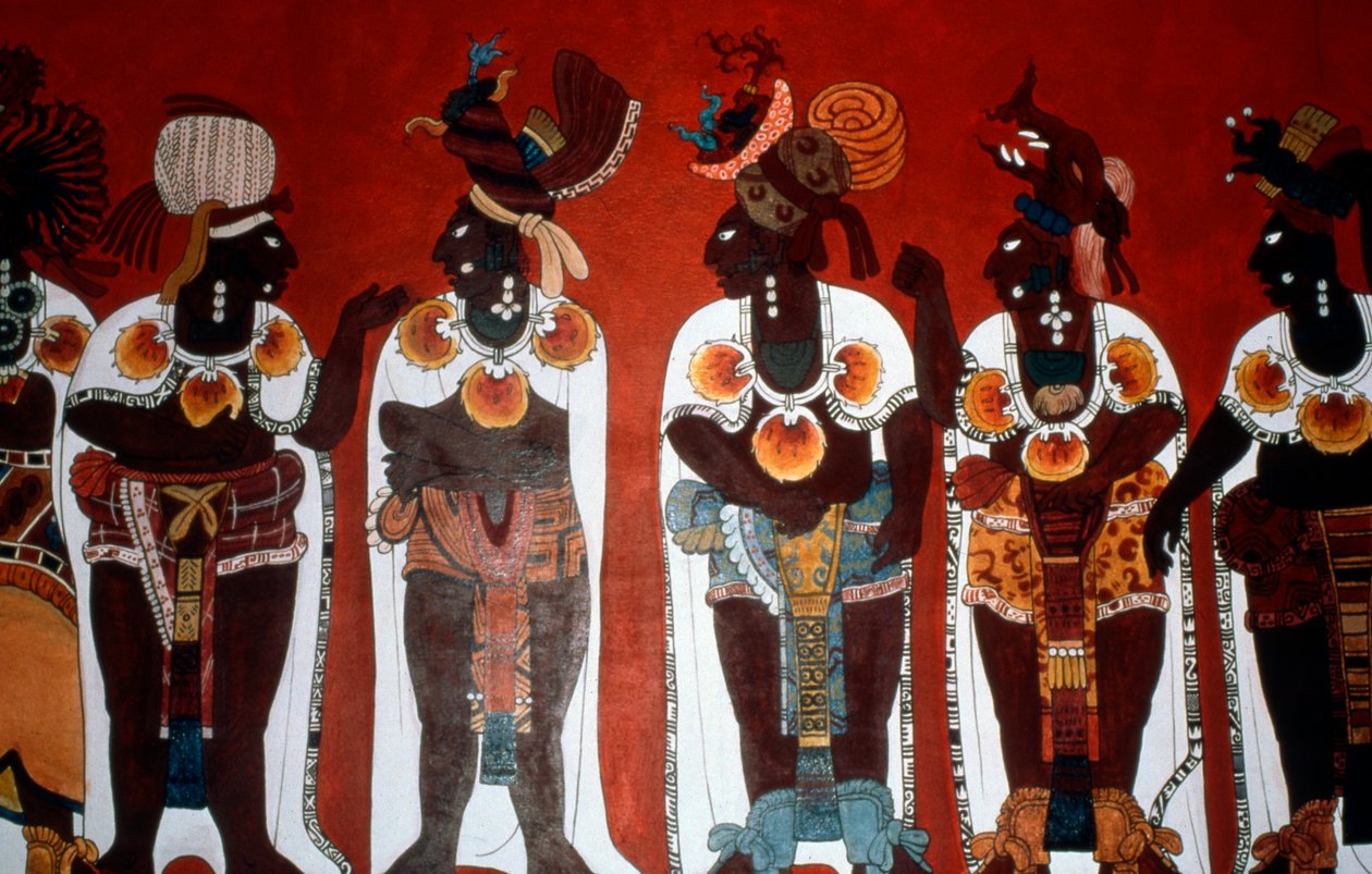 Reprodução de um mural mostrando homens nobres vestidos para uma cerimônia, do Templo dos Murais, Bonampak (pintura de parede) de Mayan