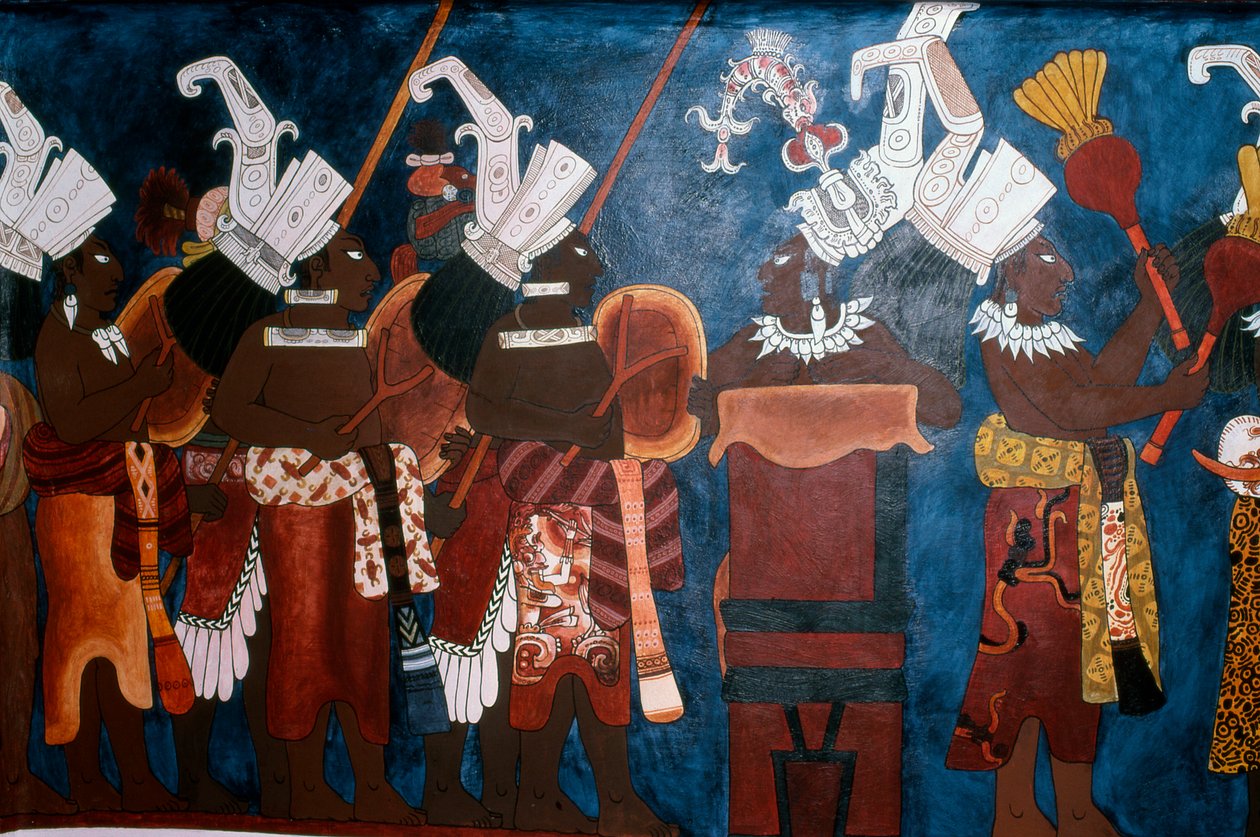Reprodução de um mural mostrando servos e músicos durante uma cerimônia, do Templo dos Murais, Bonampak (pintura de parede) de Mayan
