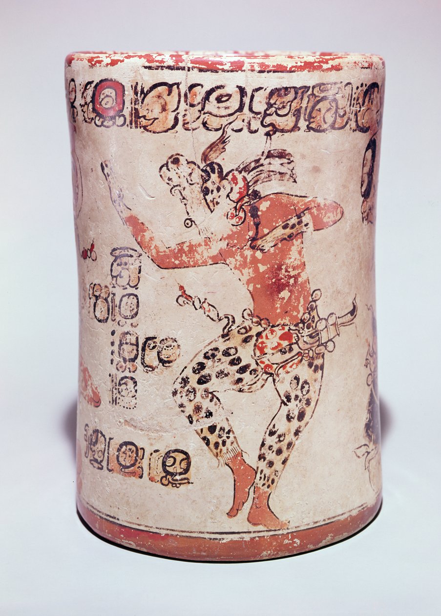 Pote representando um homem dançando usando uma parafernália de onça-pintada, encontrada em uma tumba no Altar de Sacrificios, Maya clássica (cerâmica) (veja também 351823) de Mayan