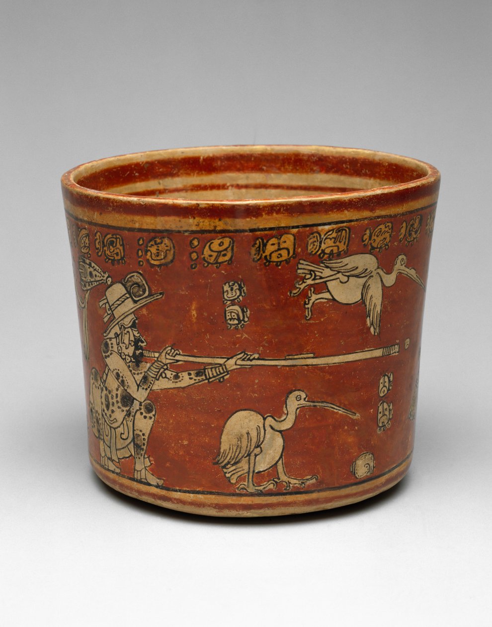 Vaso com dois artilheiros Bwo e Waterbirds, Late Classic, 550-800 (louça de barro com pintura policromada na pintura) de Mayan Mayan