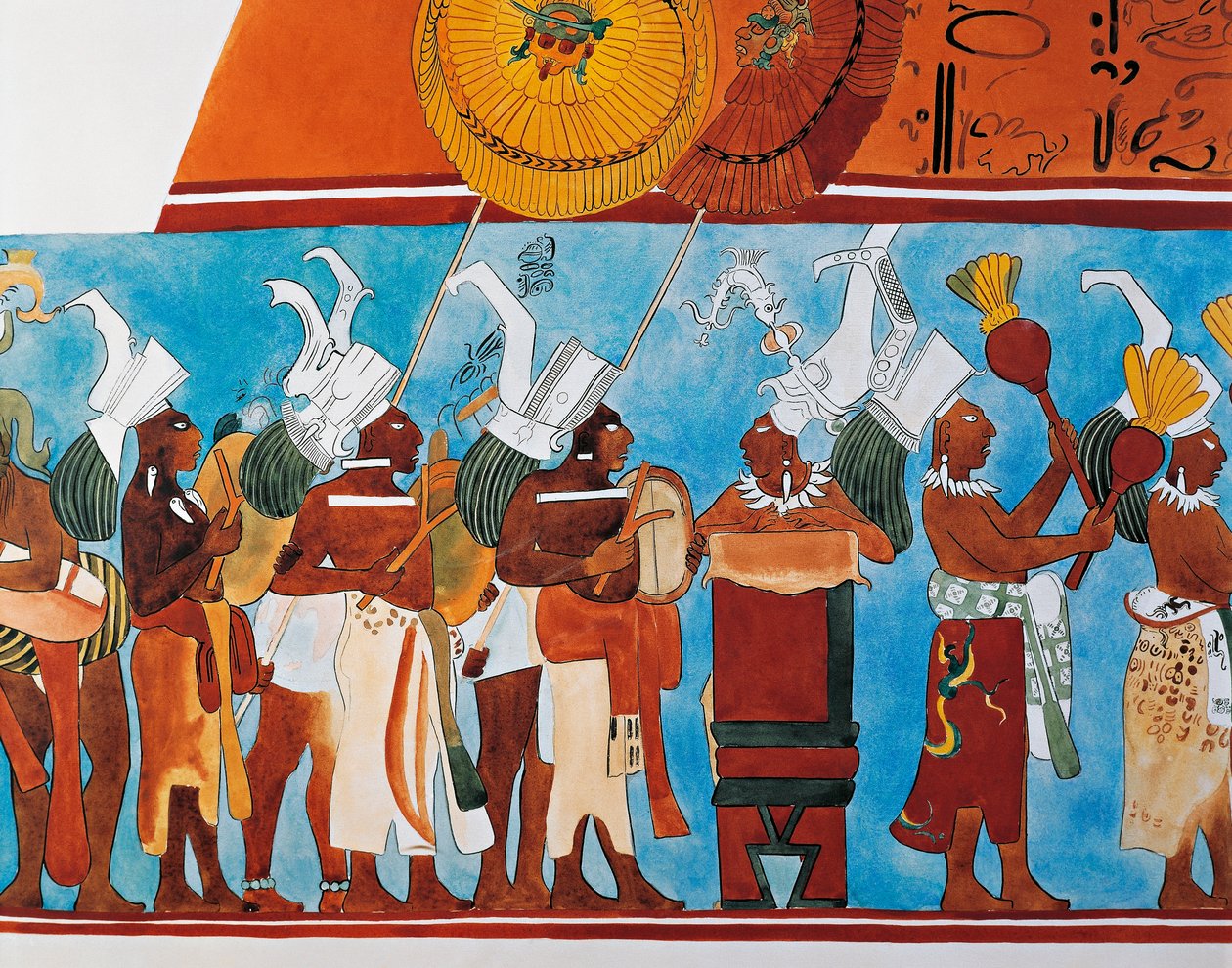 Reconstrução dos frescos Bonampak mostrando uma procissão de músicos (pintura de parede) de Mayan