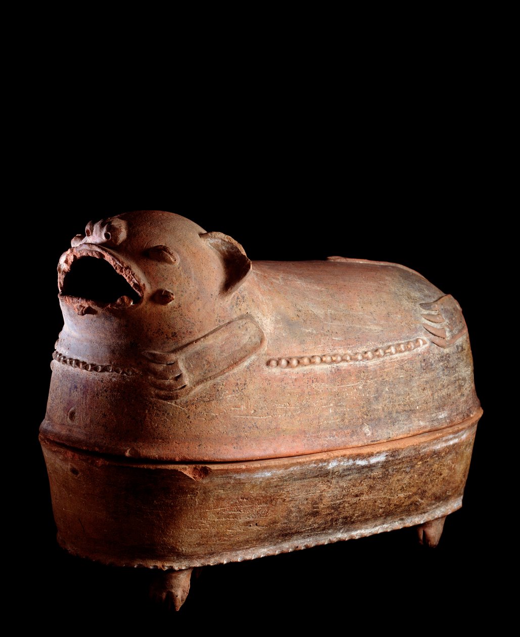 Arte pré-colombiana, civilização Maia, período clássico tardio: urna funerária de barro tetrápode com tampa em forma de onça-pintada. De Nebaj, Guatemala. Sol. h. 52 x largura 70 cm Guatemala, Museo Nazionale di Archeologia e Etnologia - Arte Pré-Colombian de Mayan Mayan
