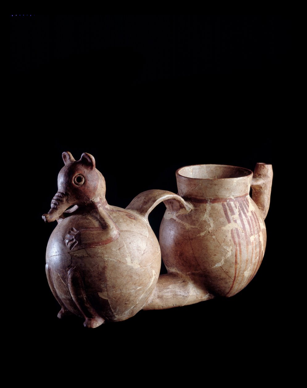 Arte pré-colombiana, civilização maia, período pré-clássico: vaso duplo de barro é um elemento em forma de revestimento e outro simples. De Kaminaljuyu, Guatemala. Sol. h. 16 x largura 30,5 cm Guatemala, Museo Nazionale di Archeologia e Etnologia - Pré-Col de Mayan Mayan