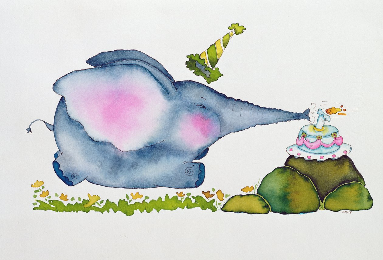 Aniversário Elefante, 1998 (wc e tinta no papel) de Maylee Christie