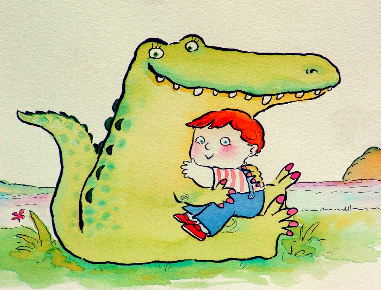 Abraço de crocodilo, ou melhores amigos (caneta e tinta e wc no papel) de Maylee Christie