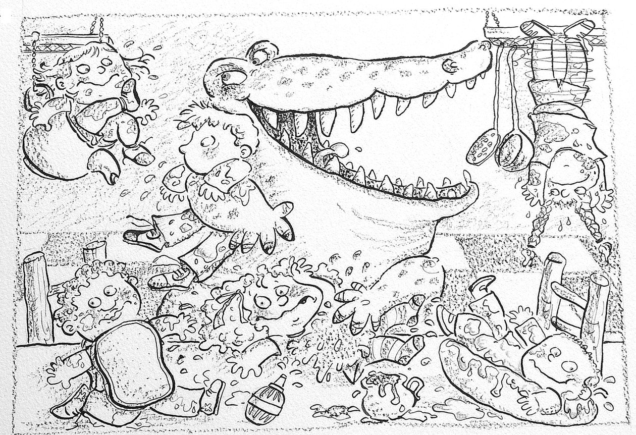 Crocodiles Lunch (tinta e giz de cera no papel) de Maylee Christie