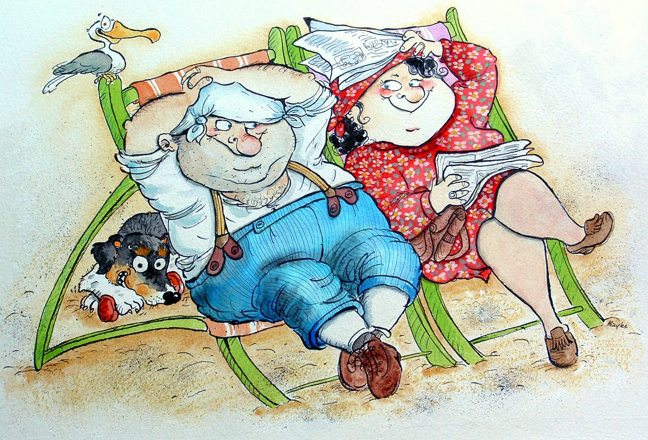Férias na praia (caneta e tinta e wc no papel) de Maylee Christie