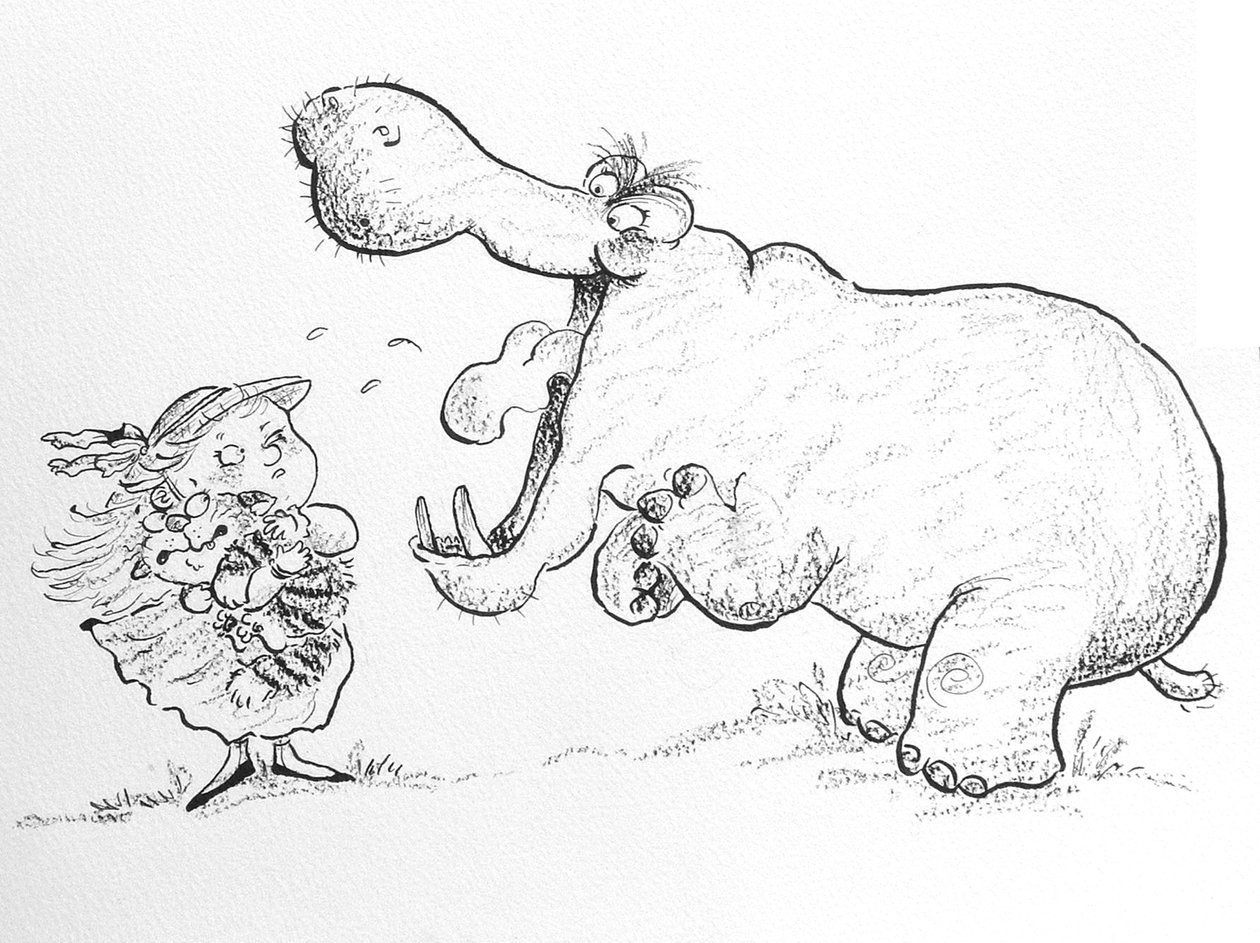 Não tenho medo de você, Sr. Hippo (tinta e lápis de cera no papel) de Maylee Christie