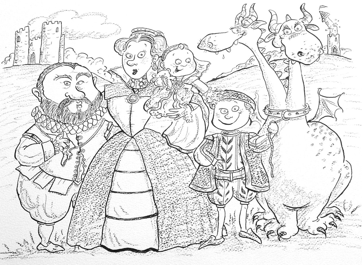 Retrato de família medieval (tinta e lápis de cor) de Maylee Christie