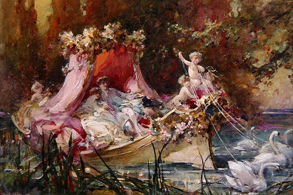 Uma barcaça dos amantes desenhada por cisnes (lápis, aguarela e cor de corpo sobre papel) de Maynard Brown