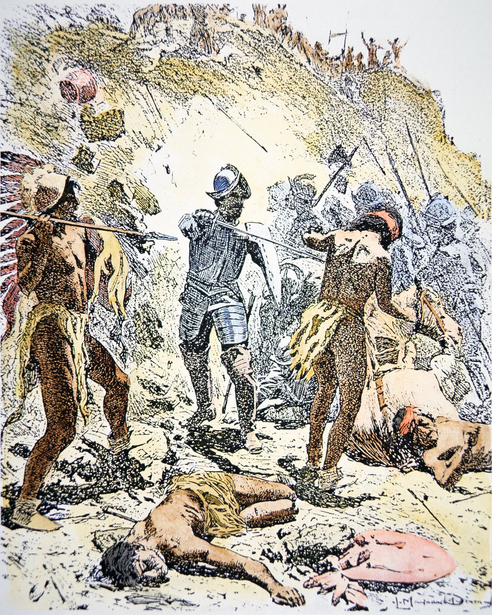 A Revolta dos Índios Pueblo de 1680 (gravura colorida) de Maynard Dixon