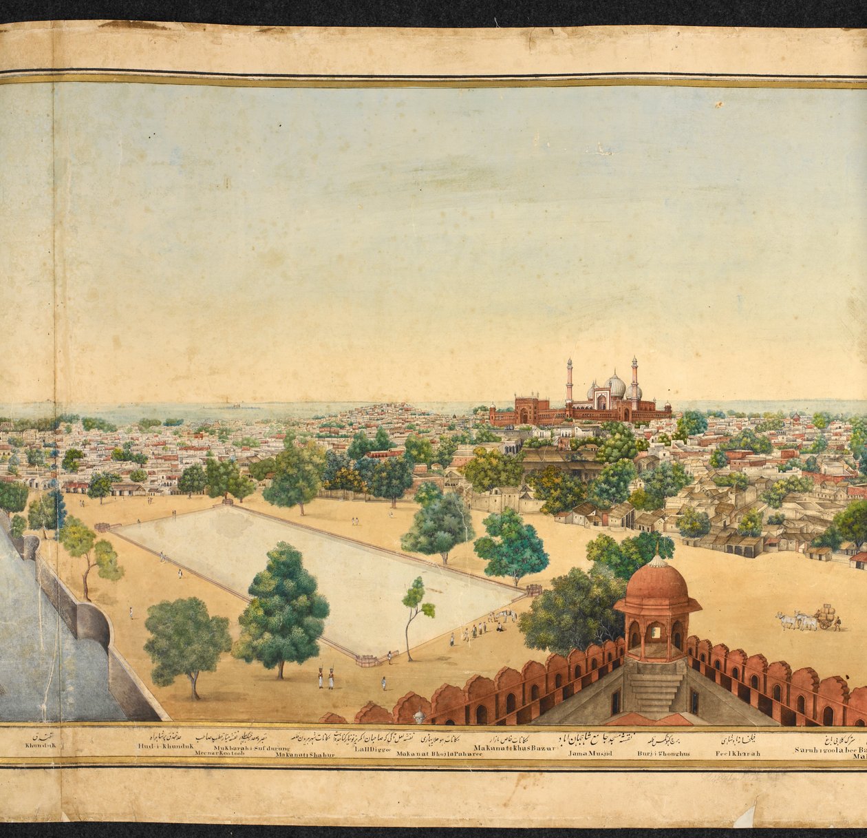 Secção de um panorama de Deli, mostrando o Jama Masjid de Mazar or Mazhar Ali Khan