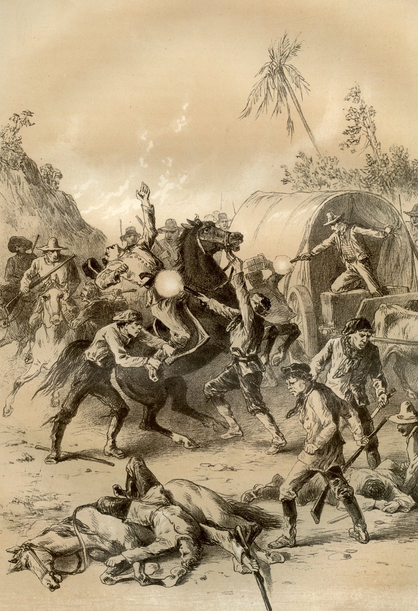 Escolta de ouro atacada por bushrangers, Austrália, 1879 de McFarlane and Erskine