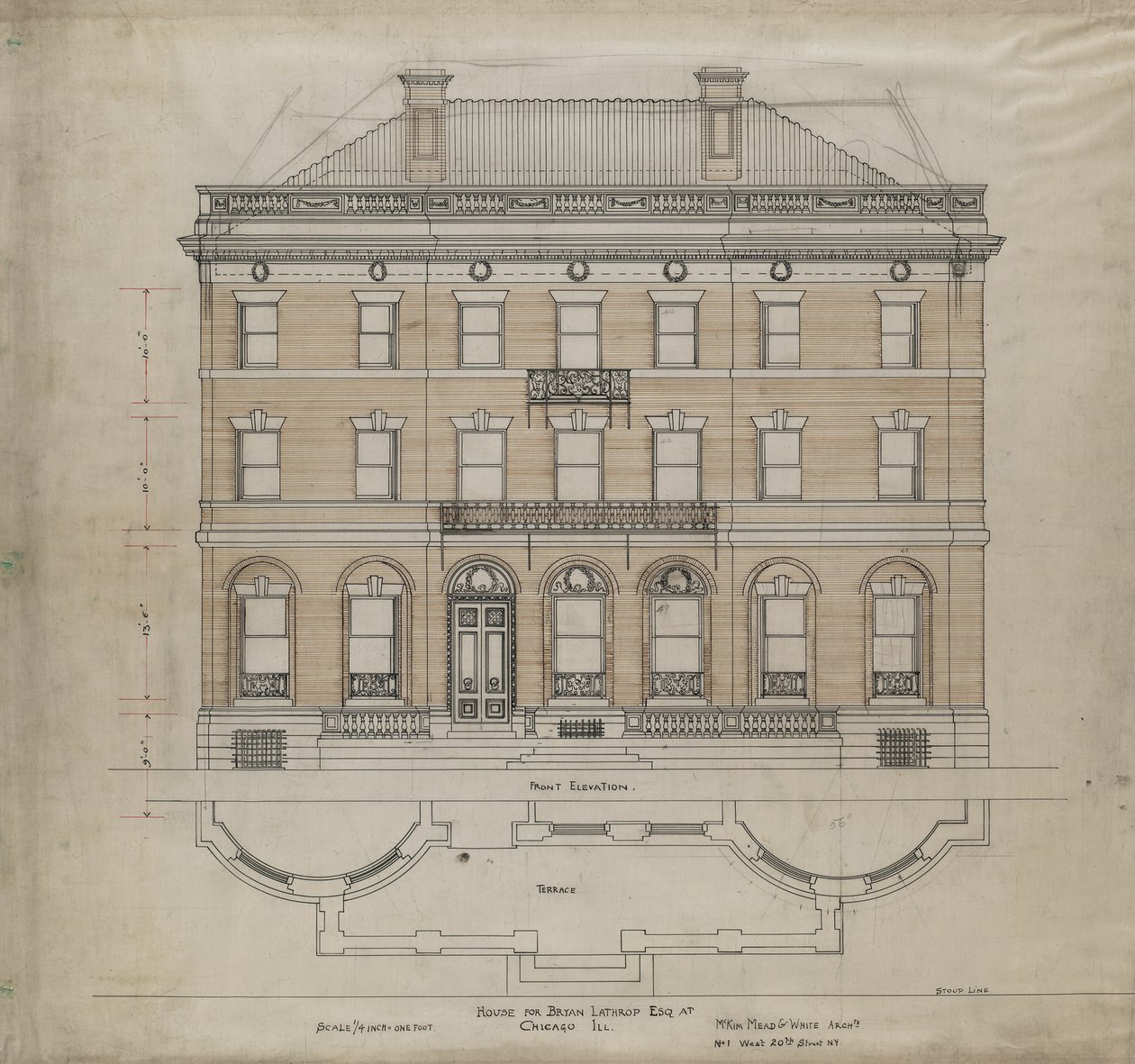 Bryan Lathrop House, Chicago, Illinois, Plano de Elevação Frontal e Terraço, 1892. de Mead and White McKim