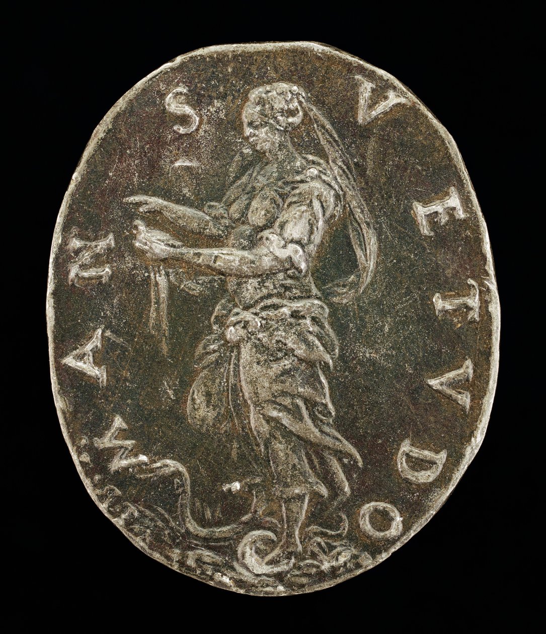 Gentileza em pé sobre uma serpente [ao contrário]. de Medallist T.R.