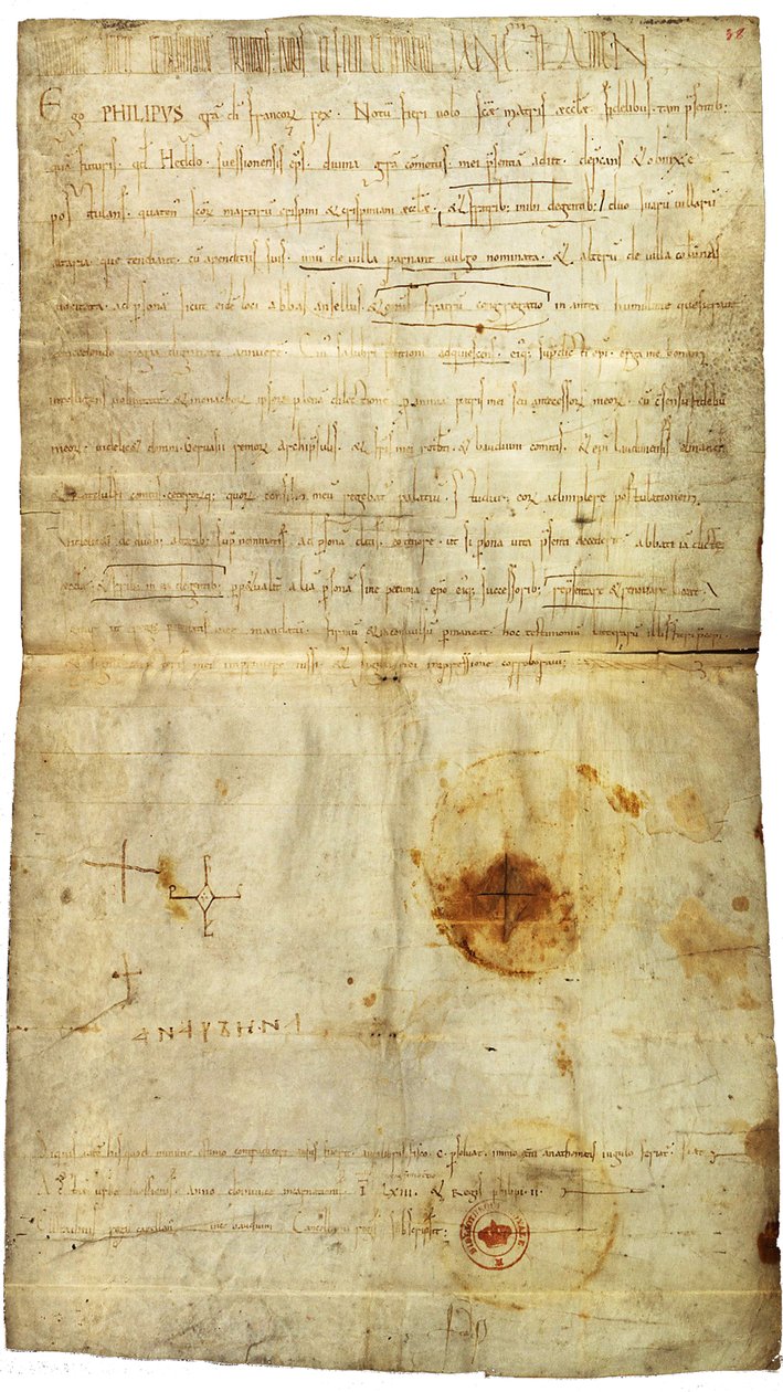 Diploma de Filipe I em favor da Abadia de St. Crépin em Soissons, com assinatura de Ana de Kiev, Rainha da França, 1063 de Medieval Document