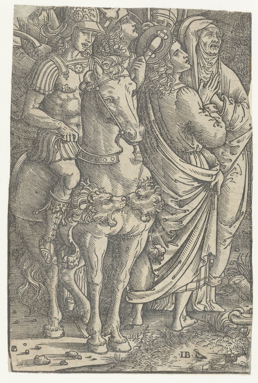 Fragmento de uma crucificação com João Evangelista e Maria e soldados de Meester IB met de vogel