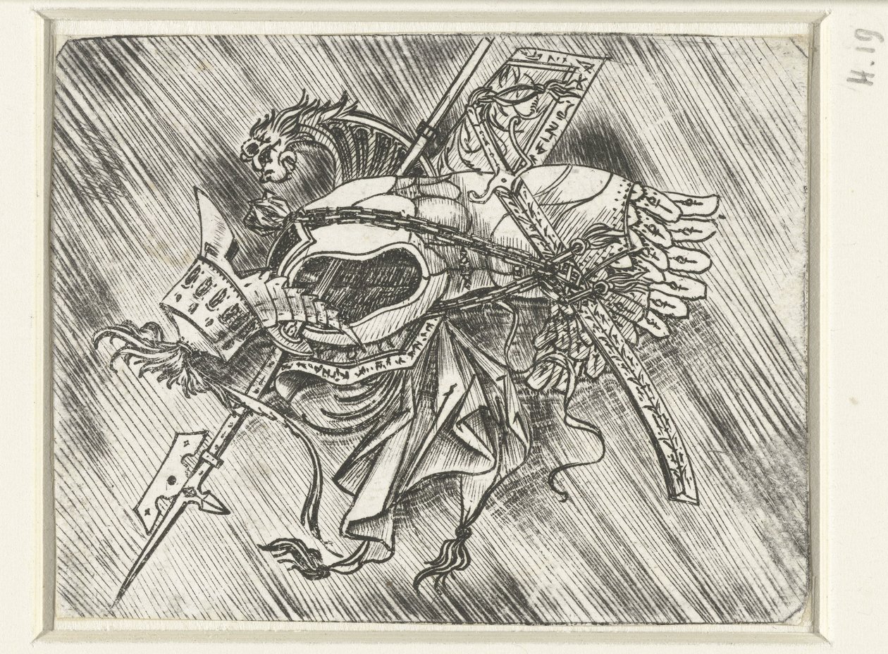 Troféus de armamento incluindo armadura e capacete e alabarda de Meester van 1515
