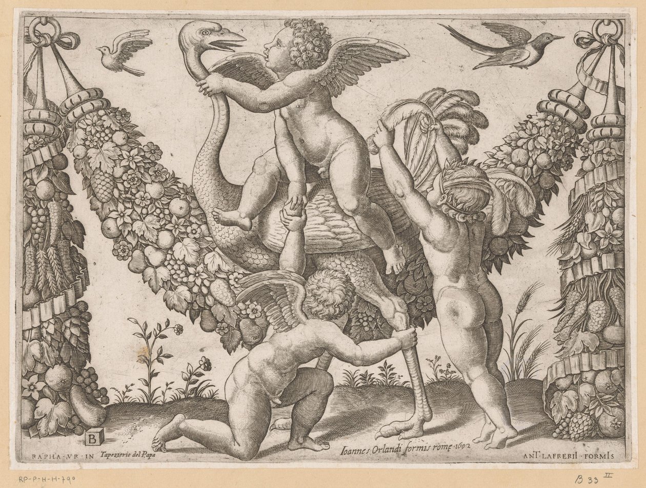 Três putti e uma avestruz Tapeçarias do Papa (título da série) Tapezzerie de Papa (título da série no objeto) de Meester van de Dobbelsteen