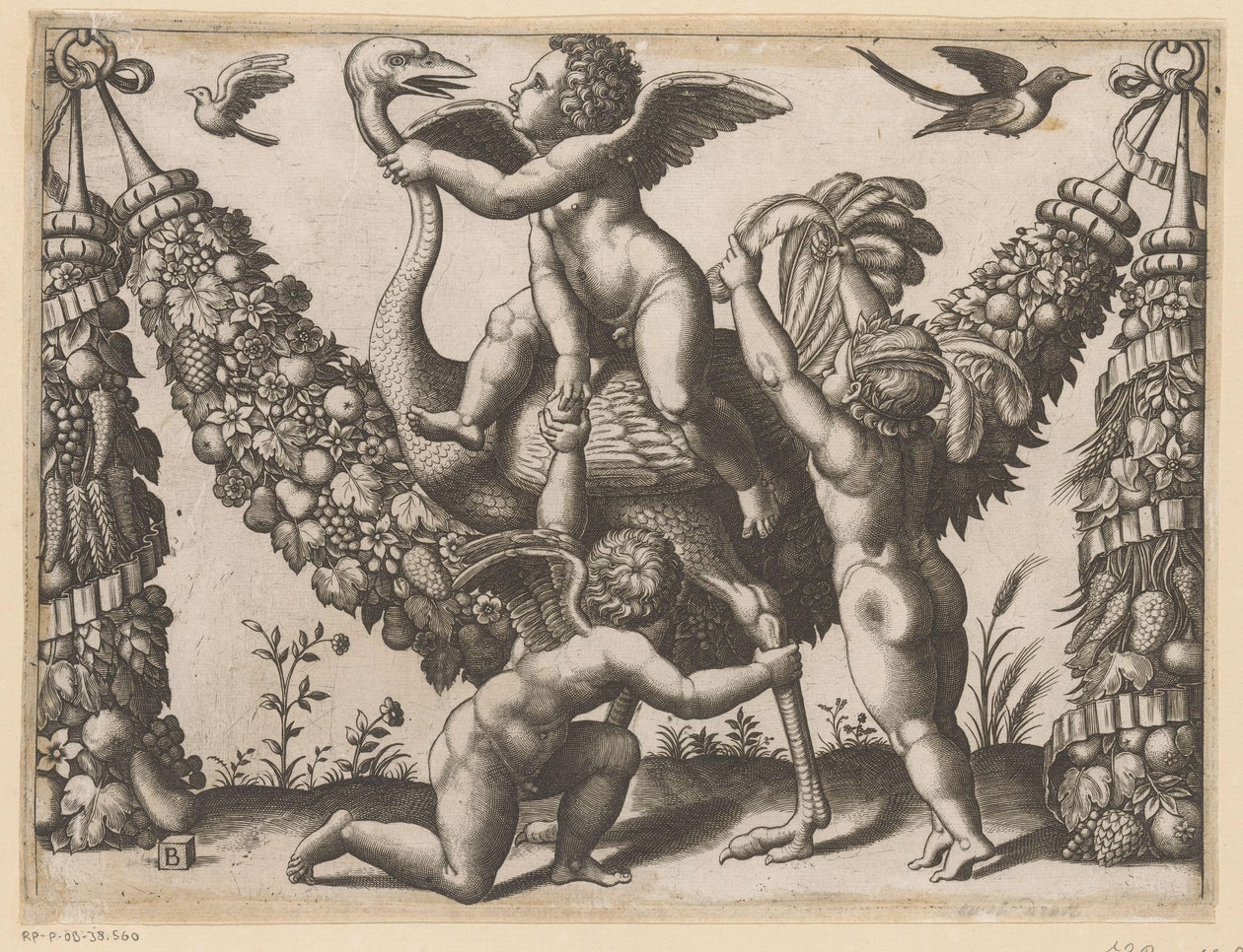 Três putti e uma avestruz Tapeçarias do Papa (título da série) Tapezzerie de Papa (título da série) de Meester van de Dobbelsteen