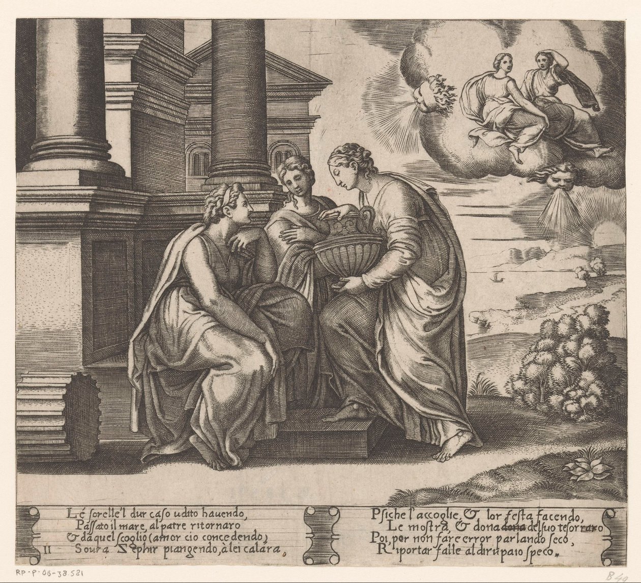 Psique é visitada por suas irmãs História de Amor e Psique (título da série) de Meester van de Dobbelsteen