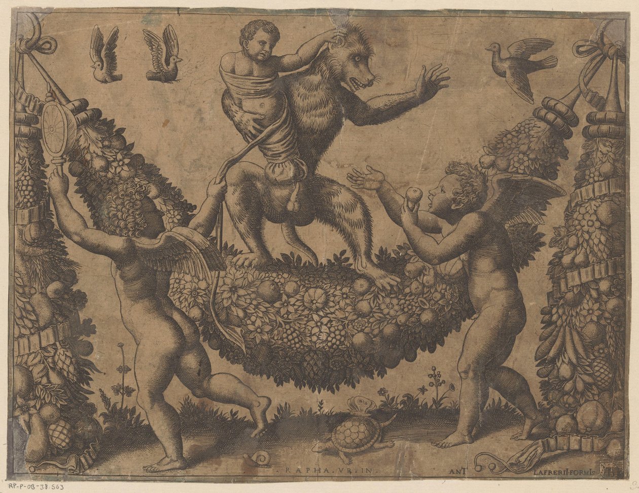 Putti zombando de um macaco Tapeçarias do Papa (título da série) Tapezzerie de Papa (título da série) de Meester van de Dobbelsteen