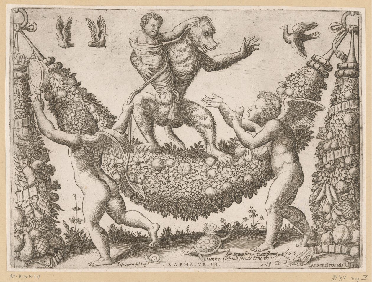 Putti zombando de um macaco Tapeçarias do Papa (título da série) Tapezzerie de Papa (título da série no objeto) de Meester van de Dobbelsteen