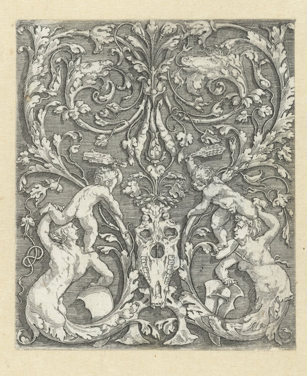 Ornamento com duas crianças e um crânio de cavalo de Meester van de Paardenhoofden