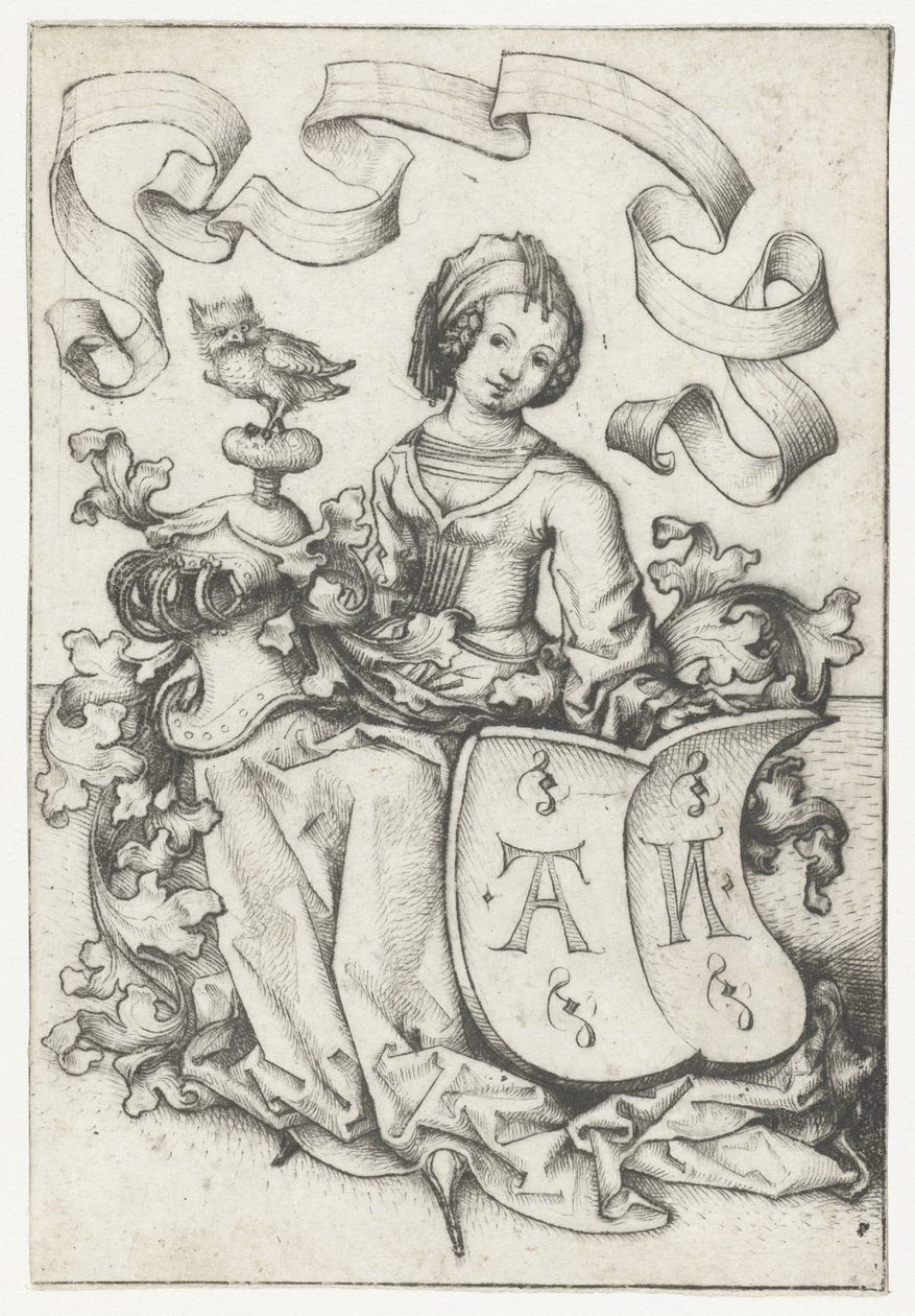 Senhora com coruja e brasão com as letras AN de Meester van het Amsterdamse Kabinet