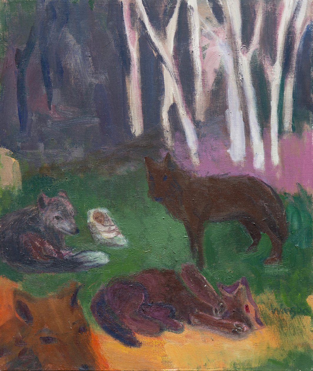 Um bebé recém-nascido rodeado de lobos, 2016 (óleo sobre tela) de Megan Williamson